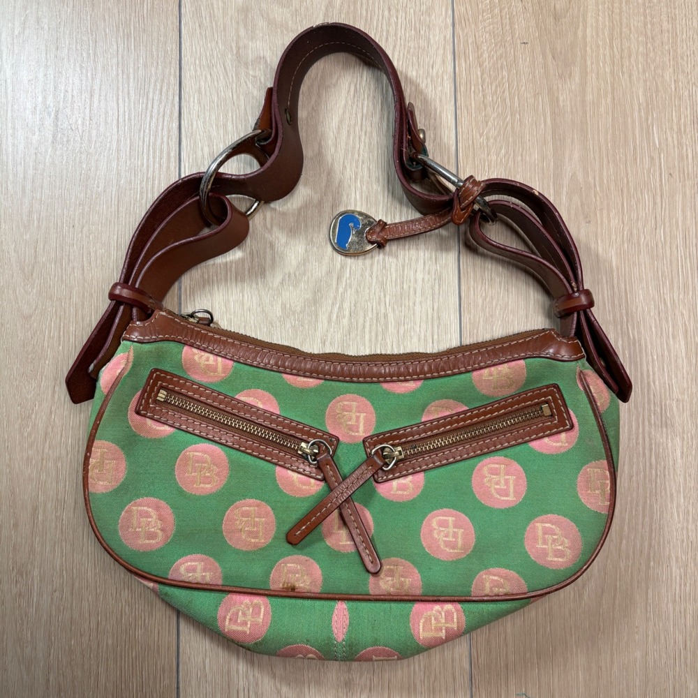 Dooney & Bourke Y2K Green Pink Polka Dot Monogram Leather Hobo Baguette Bag